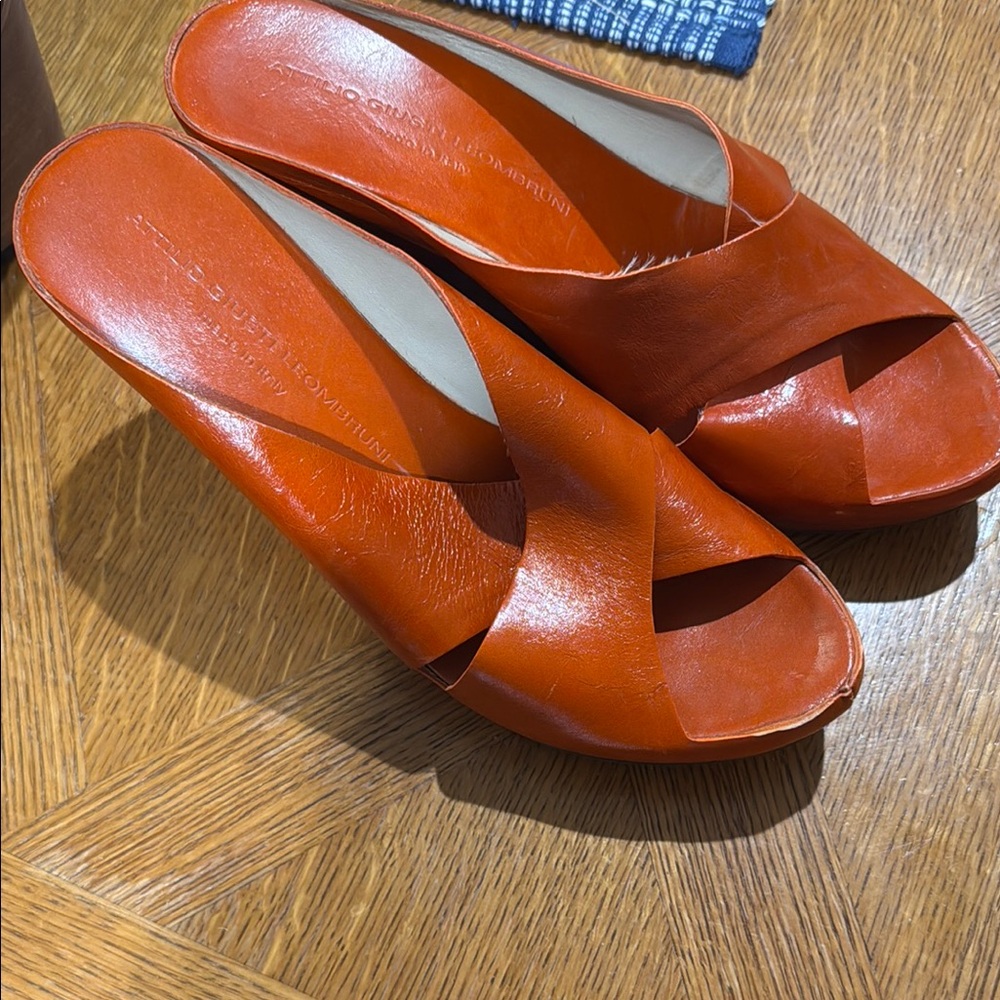 Women's Orange Leather Slide Sandals